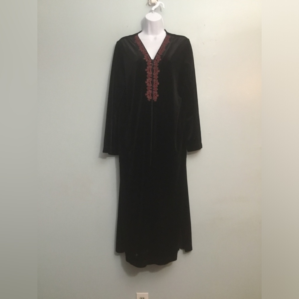 Charter Club Black Velvet Nightgown with Burgundy Embroidery